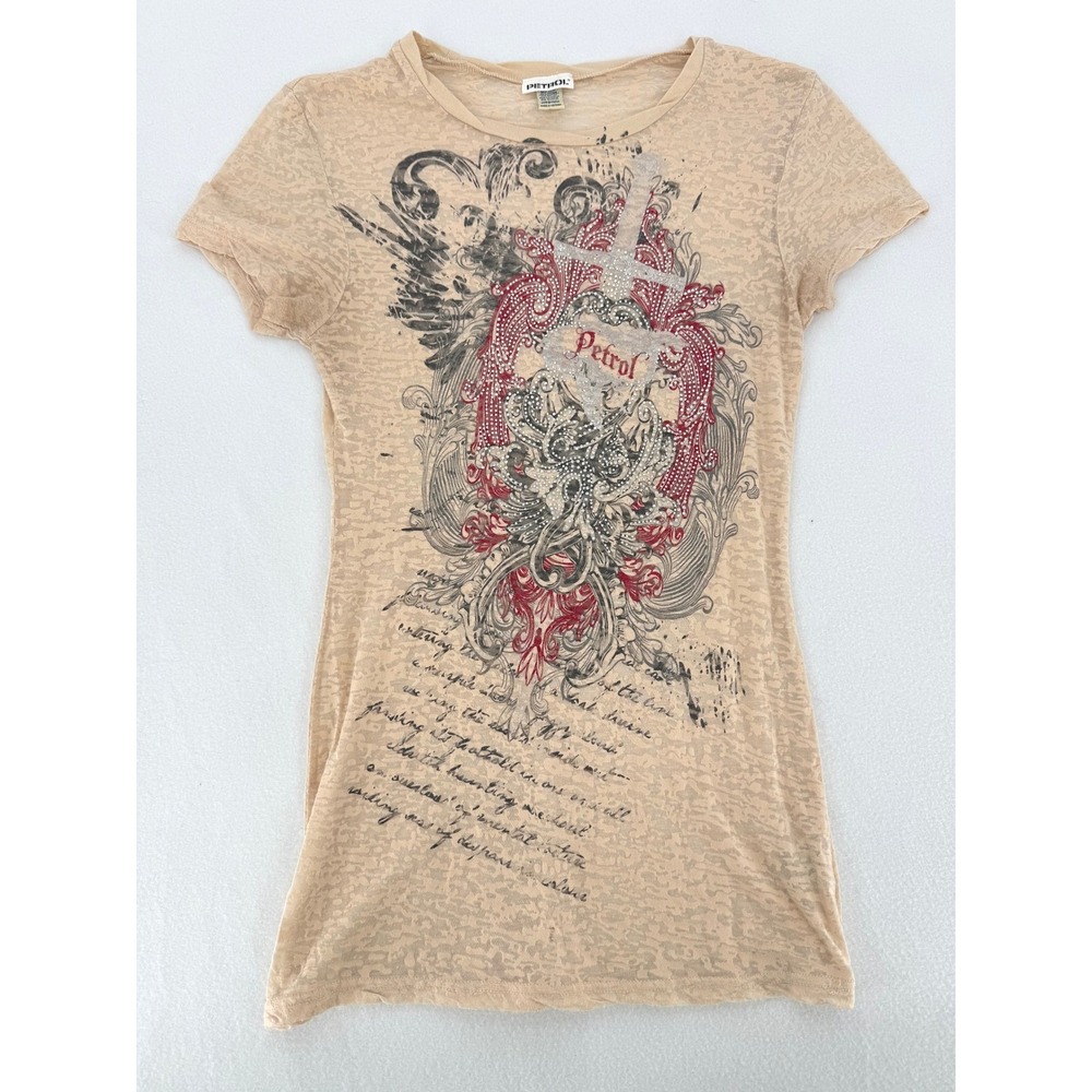 Petrol Graphic T-Shirt Womens Medium Tan Burnout Rhinestone Heart Sword Y2K